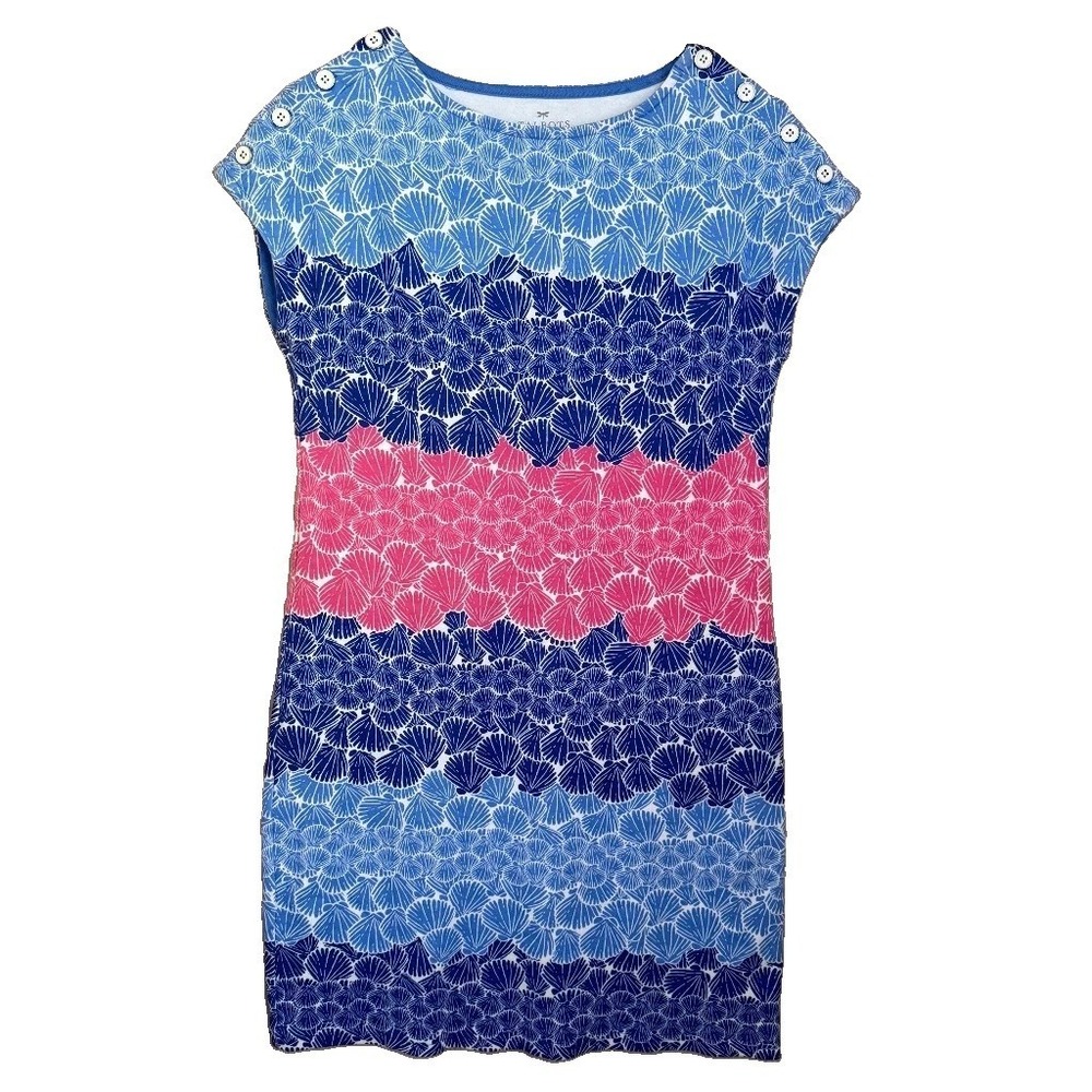 Talbots Petites Shell Dress SP Blue Pink Sleeveless Coastal Nautical Beach Prep